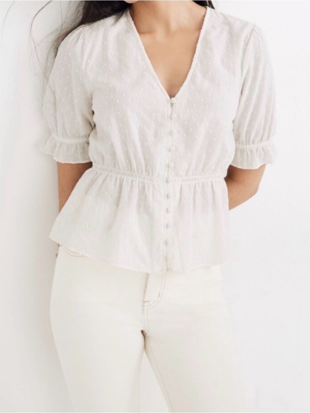 New Madewell Vneck Peplum Popover Top in Clipdot-Size XS